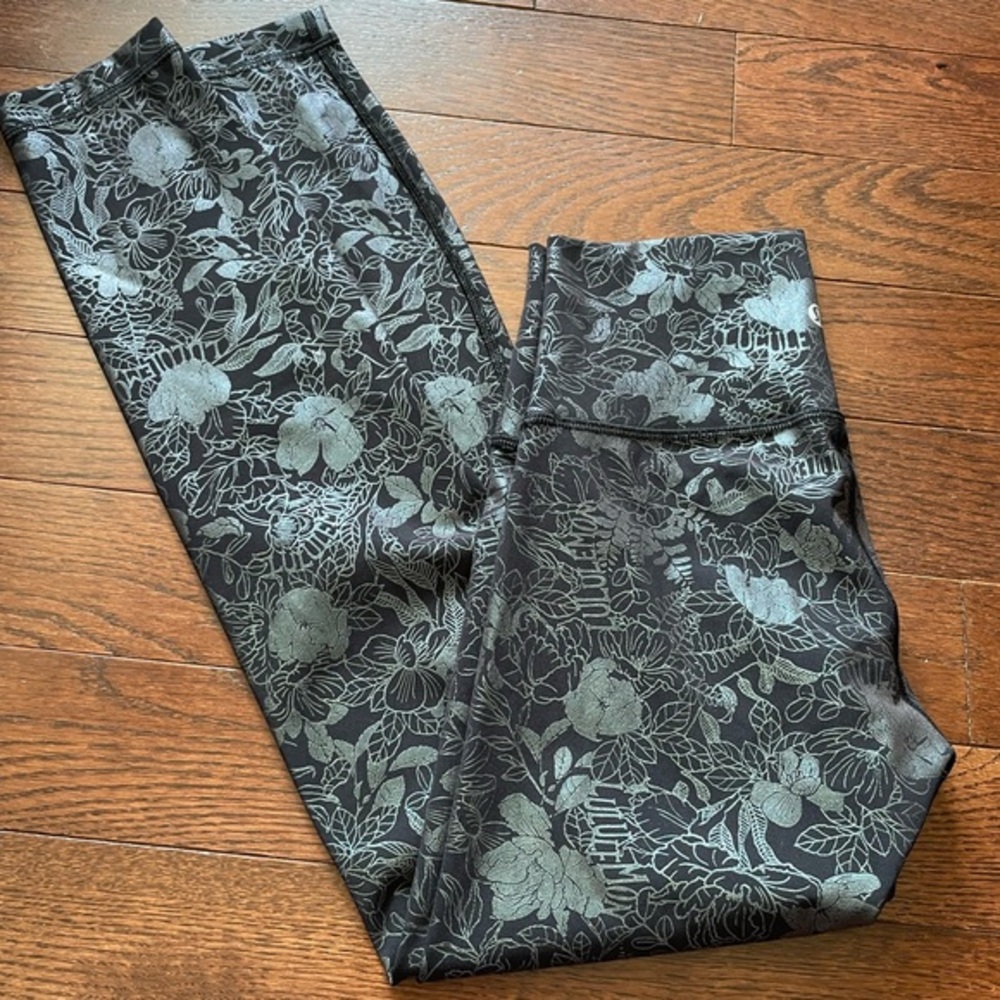 Lululemon Athletica Black and Gray Floral Leggings